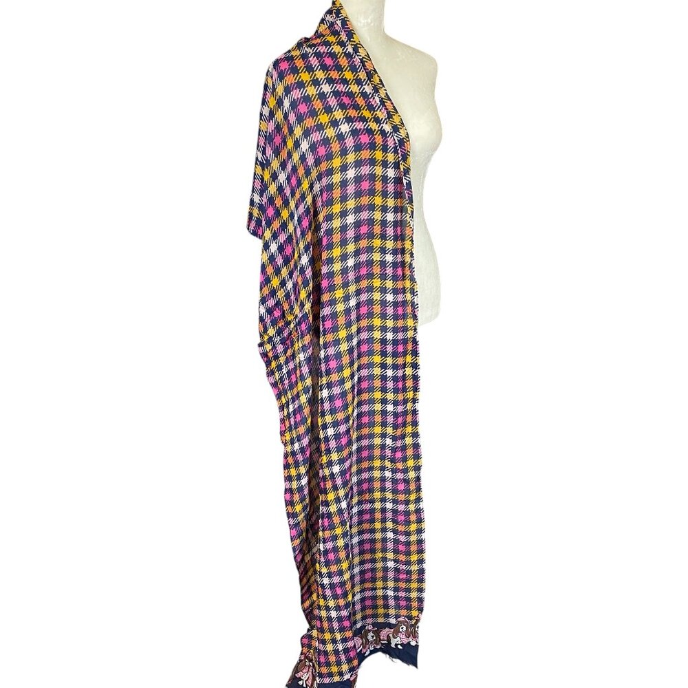 Talbots pink blue yellow white checkered rectangle basset hound dog scarf wrap